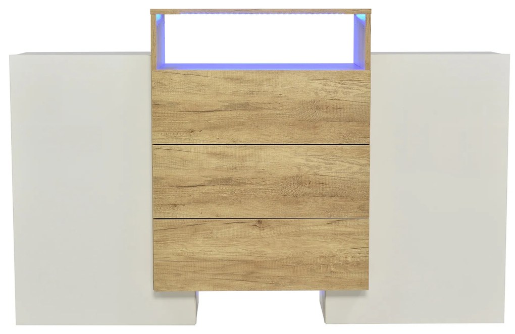 Armário moderno, efeito de luz LED multi-cor,140x30x77,5cm, Branco+Cor natural