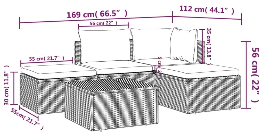 5 pcs conjunto lounge de jardim c/ almofadões vime PE cinzento