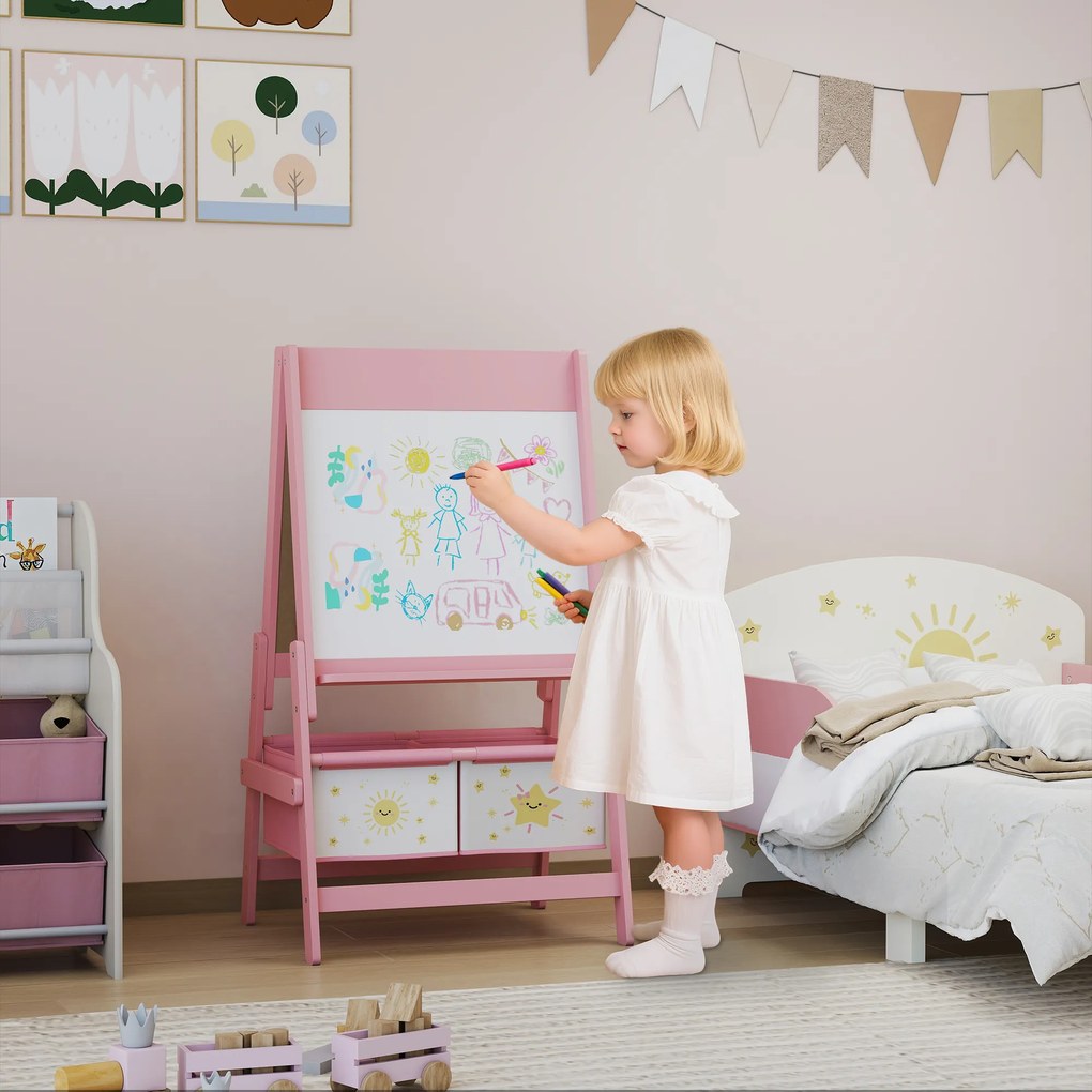 Quadro infantil 3 em 1: cavalete infantil de dupla face, quadro preto e branco, com rolo de papel, 54 x 46 x 94 cm, cor-de-rosa