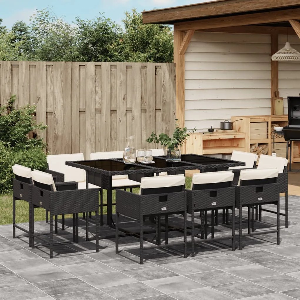 11 pcs conjunto de jantar p/ jardim c/ almofadões vime PE preto