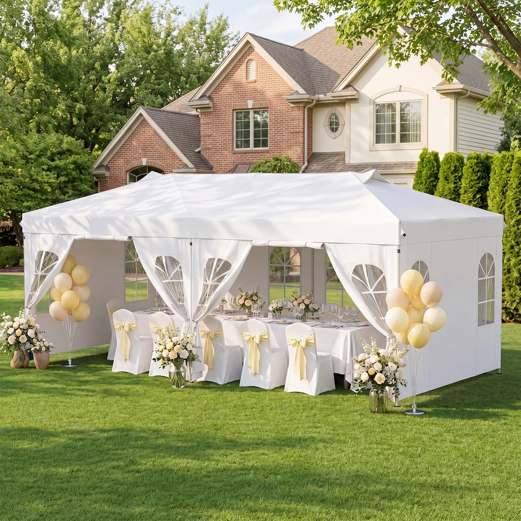 Tenda Dobrável para Exterior, 600 x 300 cm, Altura Ajustável em 3 Níveis, Branco