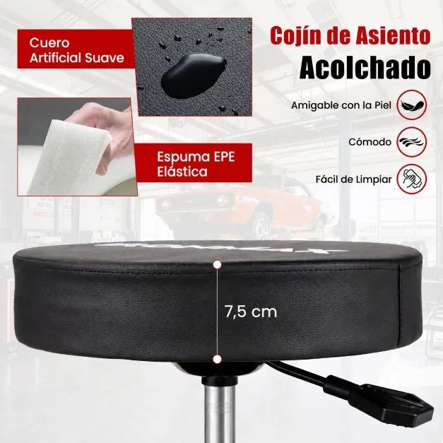 Banco de Oficina com Rodas, 51,5 x 51 x 45-58 cm, Altura Ajustável, Vermelho+Preto