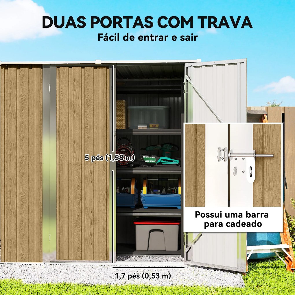 Abrigo de Jardim Exterior Metálico 1,37 m² 163x89x163 cm com Telhado Inclinado Portas com Fecho e Luvas Castanho