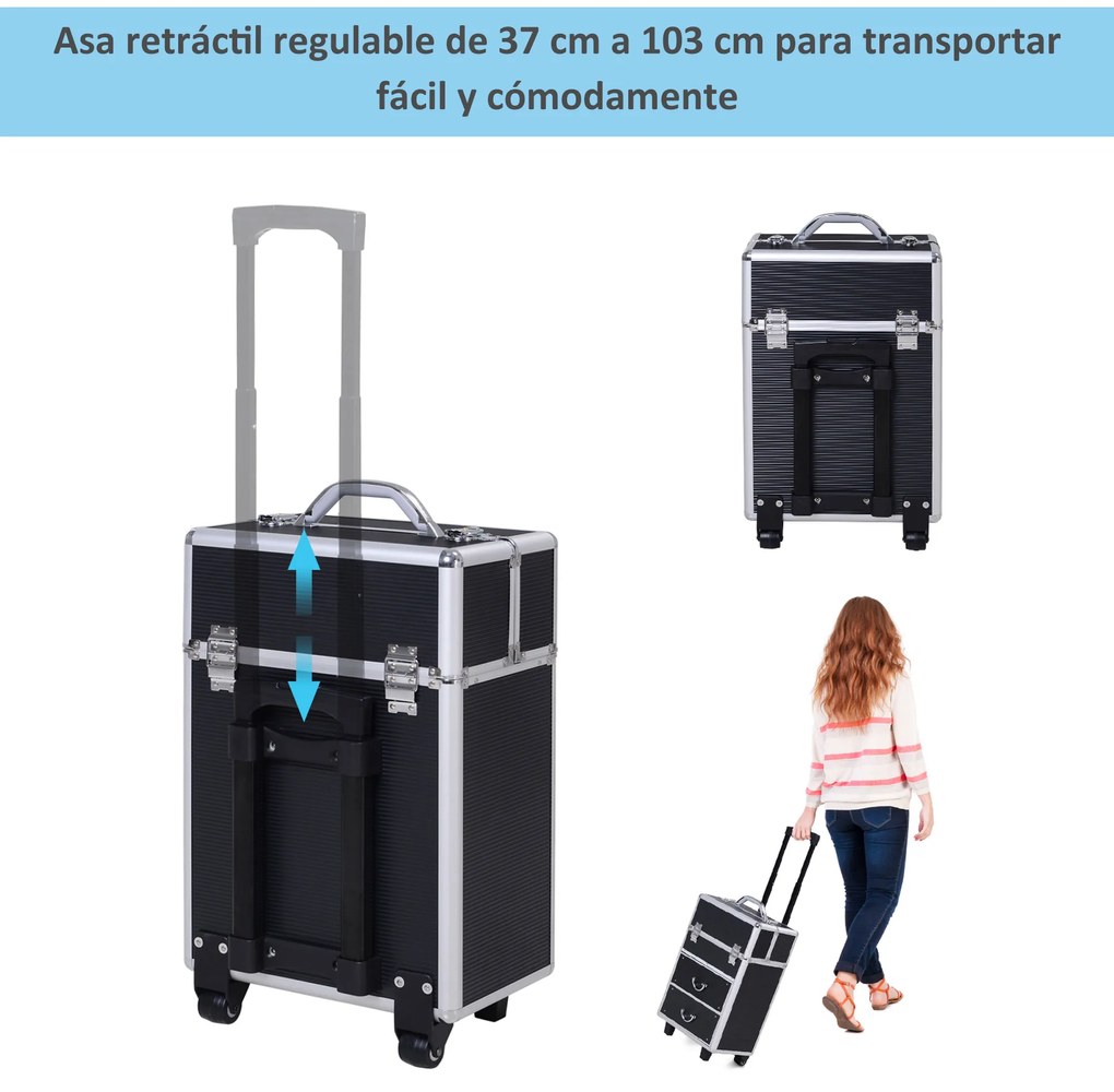 HOMCOM Estojo de maquiagem portátil Estojo profissional de cosméticos com 6 gavetas extensíveis, fechadura, rodas e alça retrátil 36x23x58 cm preta