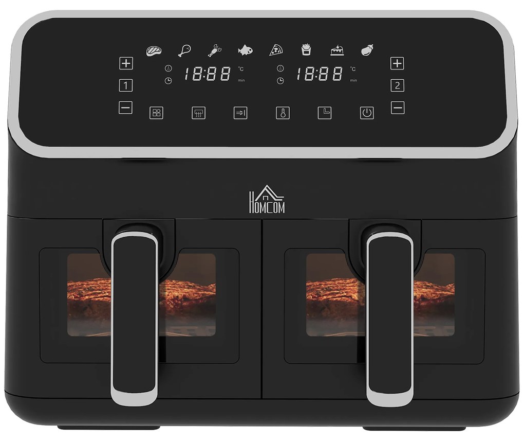 Fritadeira sem Óleo de 8L e 2700W com 2 Cestos Independentes 8 Programas Pré-configurados Ecrã LED Tátil 39x38,5x31 cm Preto