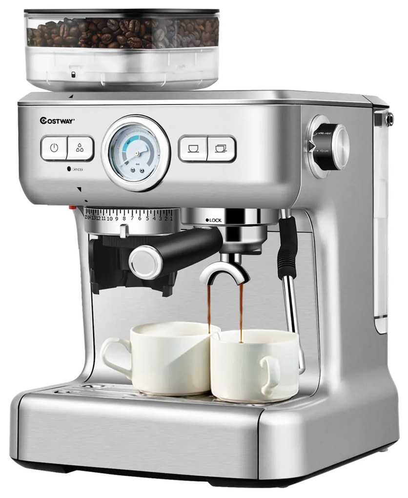 Máquina Automática de Café em Aço Inoxidável com Tanque de Moagem Máquina de Café Profissional para Café Doméstico 34 x 33 x 39,5 cm Prata