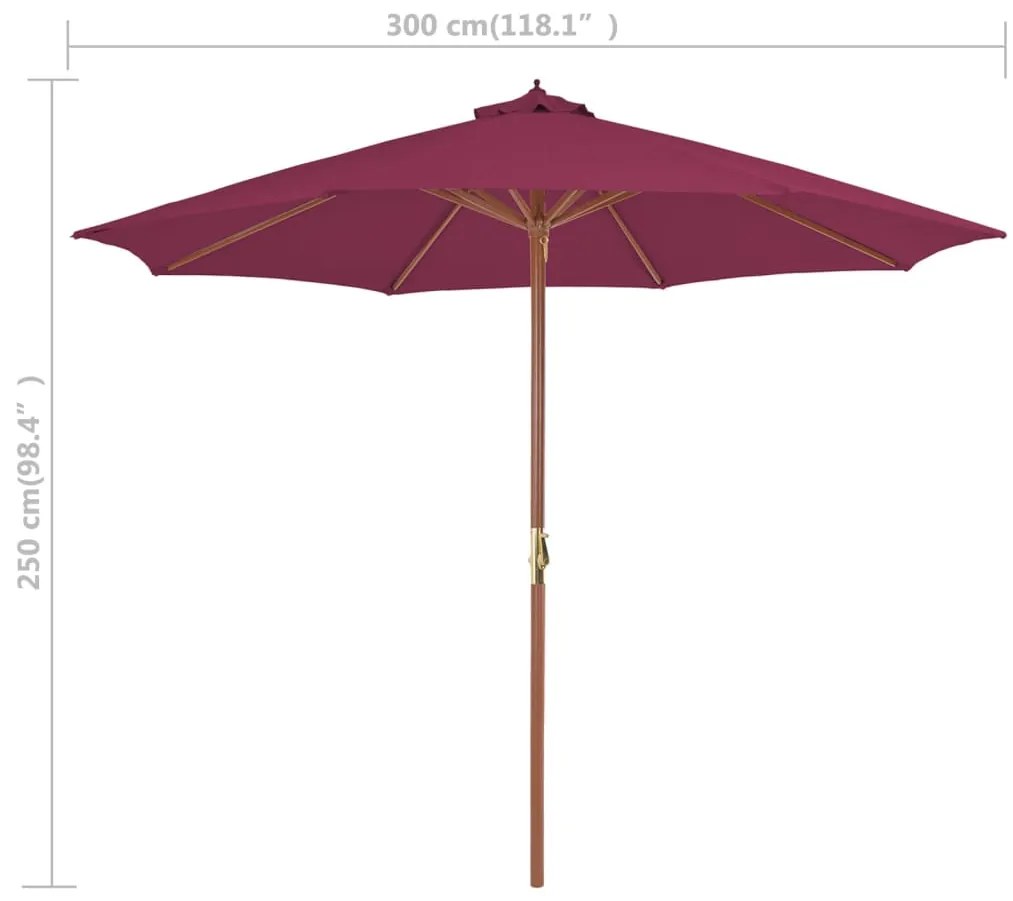 Guarda-sol de exterior mastro de madeira 300 cm vermelho bordô