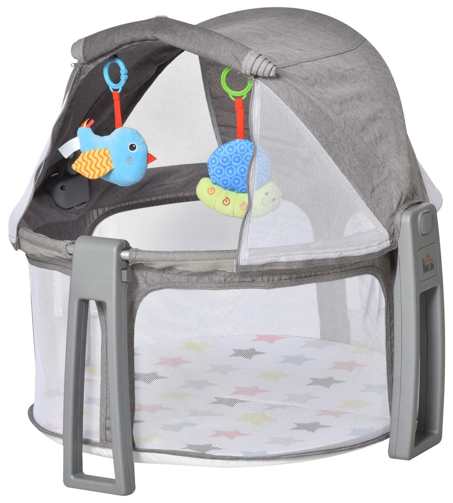 Berço dobrável e portátil para viagem com bolsa de transporte coberta removivel carga 15 kg 70x74x78 cm cinza