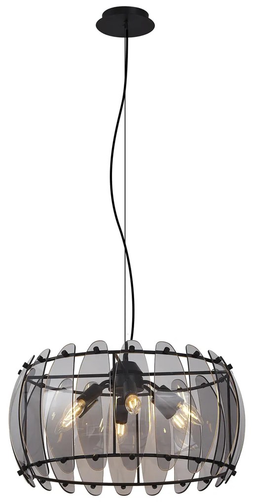 Candeeiro suspenso de design preto com vidro fumado redondo 6 luzes - Mochan