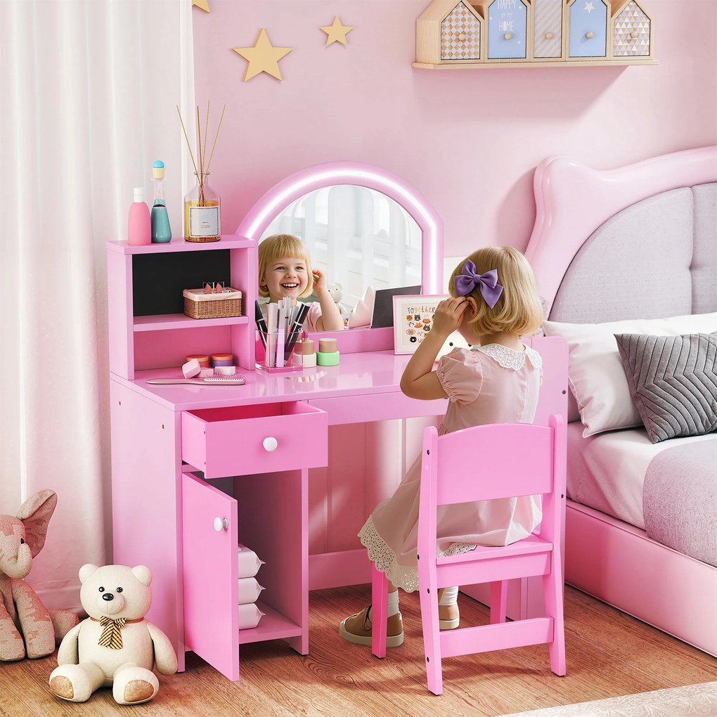 Toucador de Maquilhagem Infantil com Banquinho e Espelho com Luzes LED 1 Gaveta Armário e 5 Prateleiras Rosa