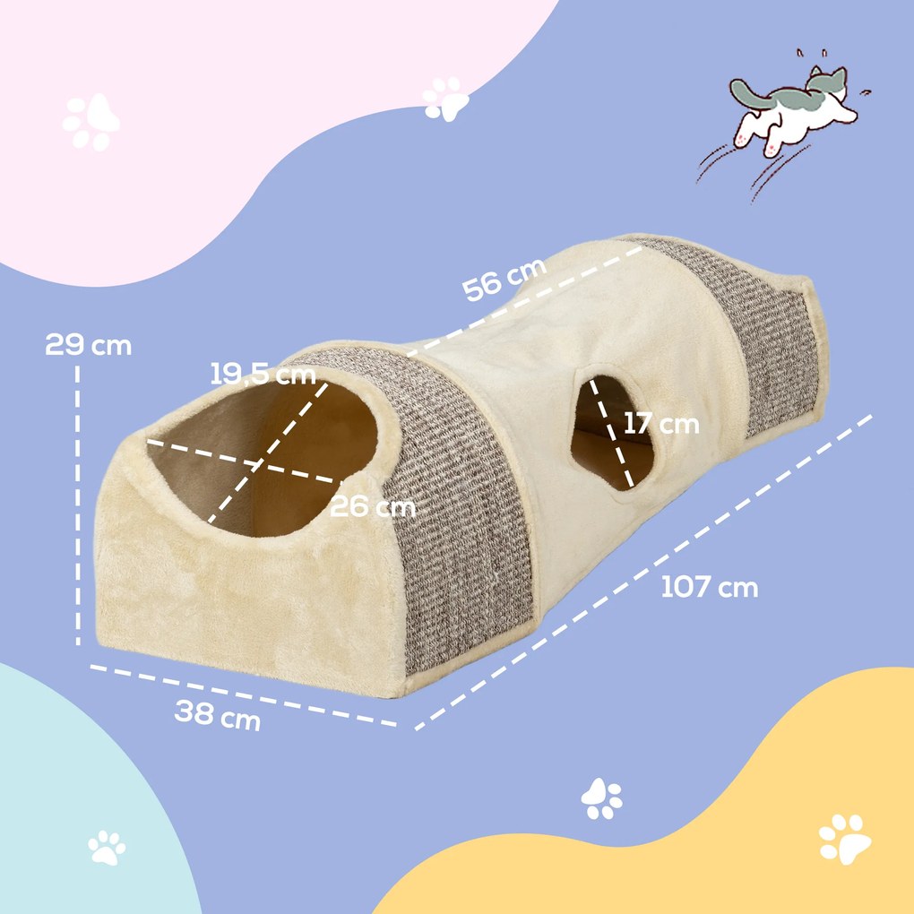 Túnel para gatos, brinquedo para gatos, com 2 compartimentos abertos em sisal, aberturas, para interior, 107 x 38 x 29 cm, bege
