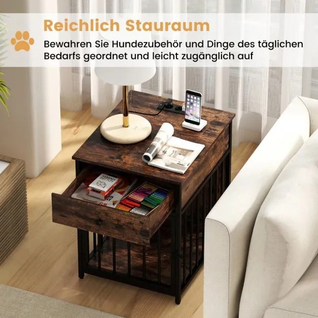 Gaiola para cães Mesa auxiliar para uso doméstico com estação de carregamento, porta, gaveta e tubos de metal castanho