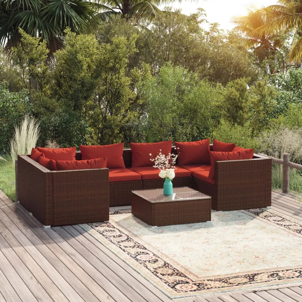 vidaXL 7 pcs conjunto lounge jardim c/ almofadões vime PE castanho