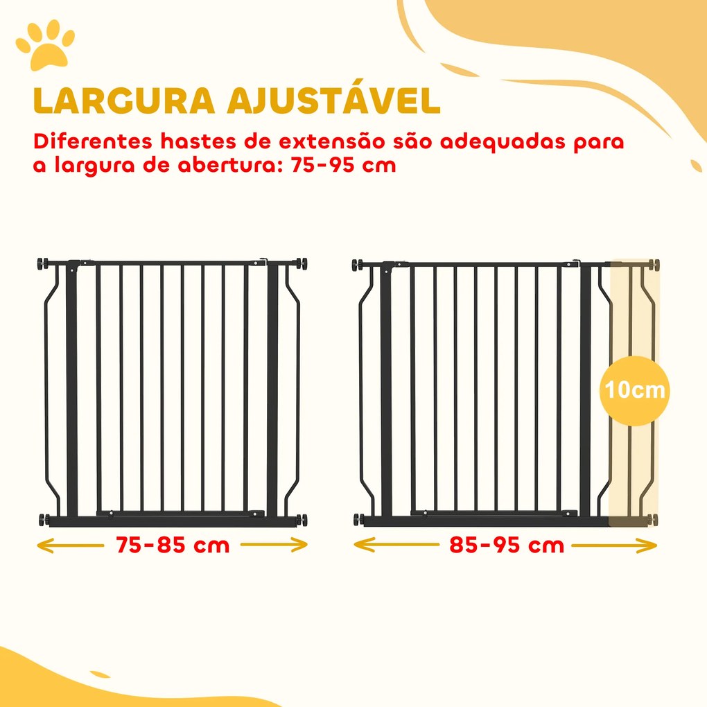 Barreira de Segurança para Cães Extensível para Escadas e Portas 75-95 cm com 1 Extensão e 10 cm Altura 76 cm Preto