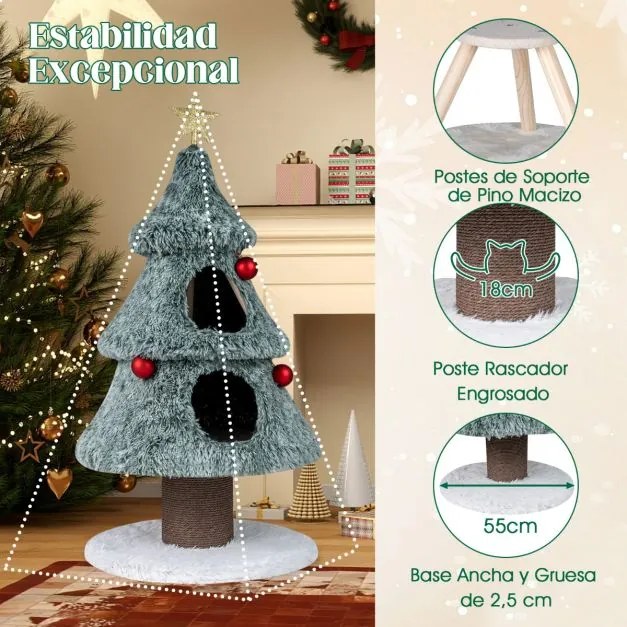 Arranhador em forma Árvore de Natal para gatos de interior 59 x 59 x 123 cm com 2 cavernas e Bolas pendentes verde