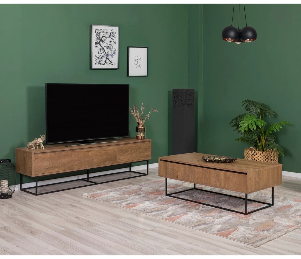 Conjunto de Mobiliário de Sala de Estar Laxus – Nogueira/Preto – TV: 1