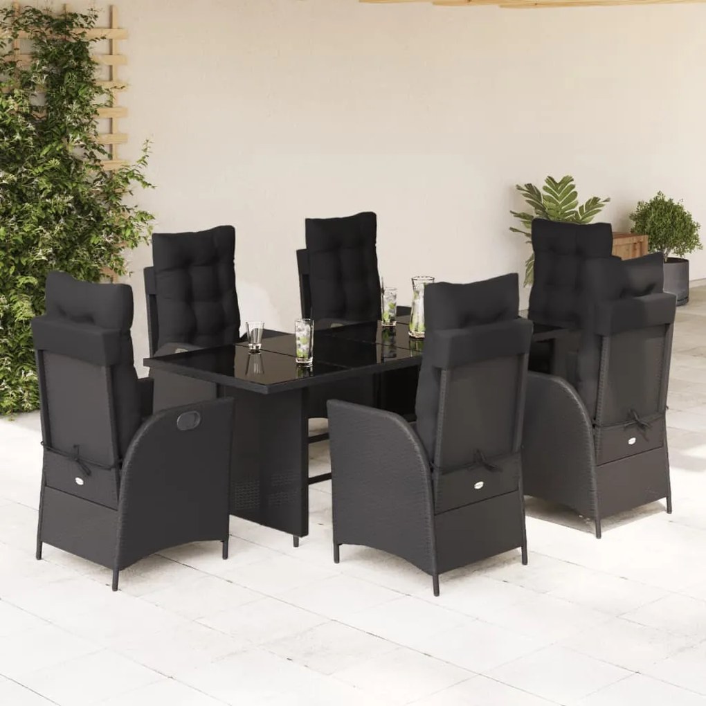 7 pcs conjunto de jantar p/ jardim c/ almofadões vime PE preto