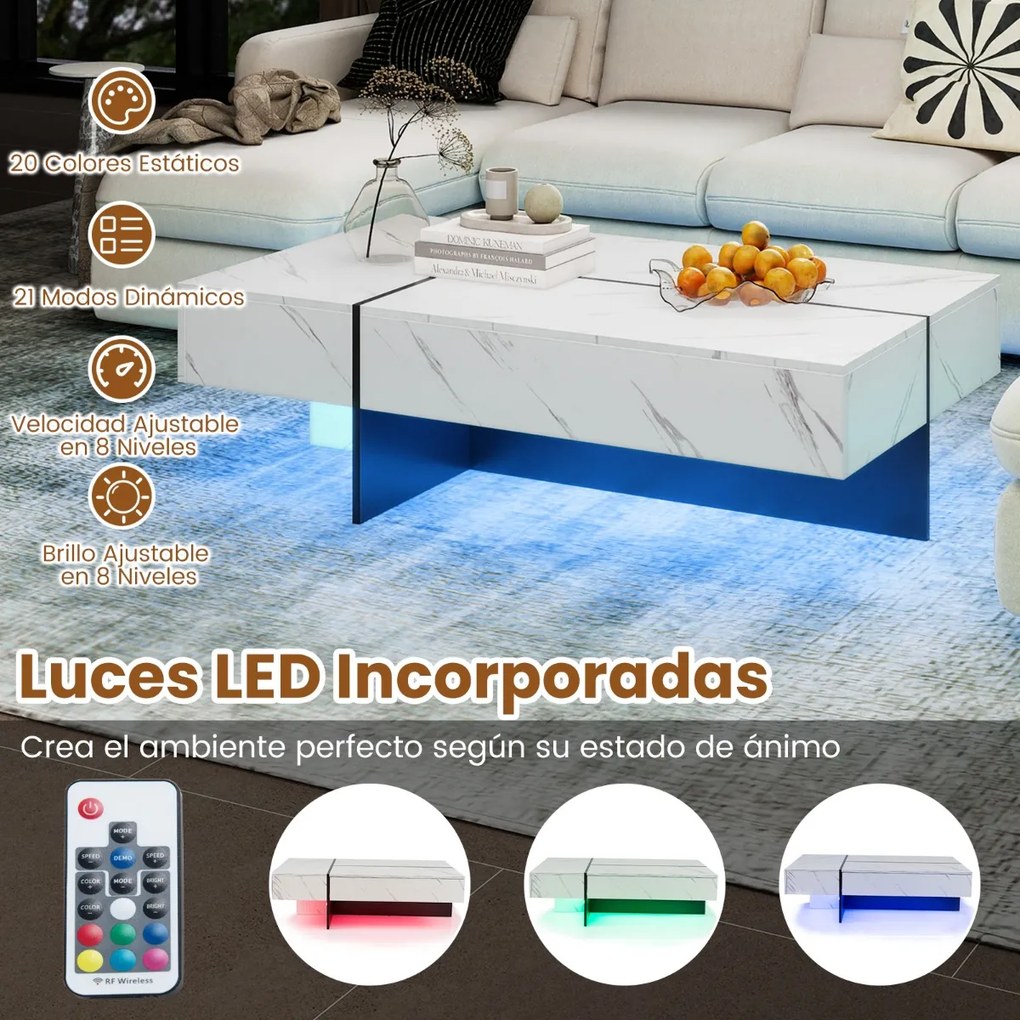 Mesa de centro 120 x 70 x 35 cm moderna com LED com 3 gavetas de arrumação, para sala de estar, branca