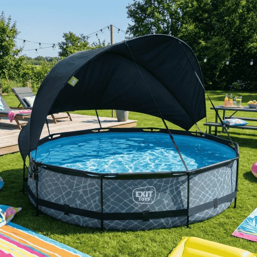 Piscina redonda Stone ø360x76cm com bomba de filtragem e cobertura - Cinzenta