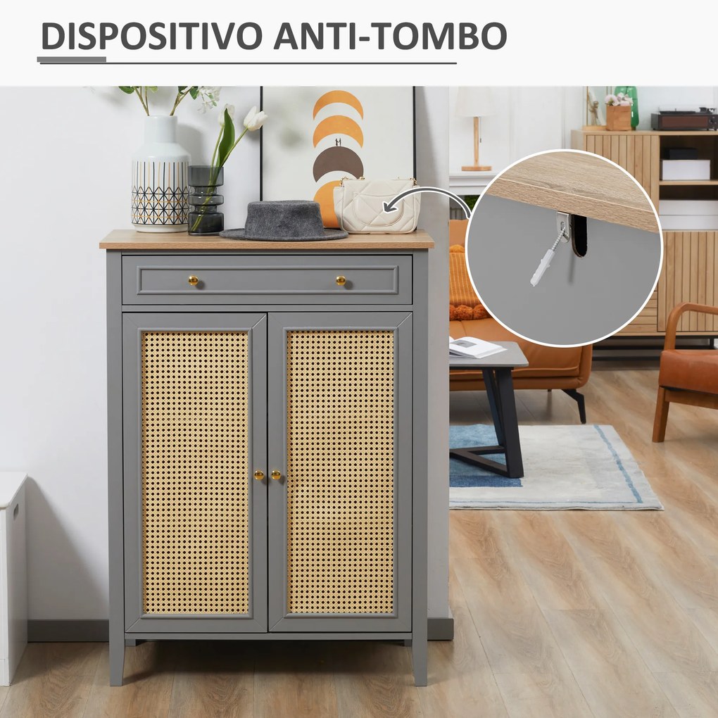 HOMCOM Sapateira para 9 Pares de Sapatos Armário para Sapatos com 2 Portas de Vime e Gaveta Estilo Cannage para Corredor Entrada 80x40x110cm Cinza