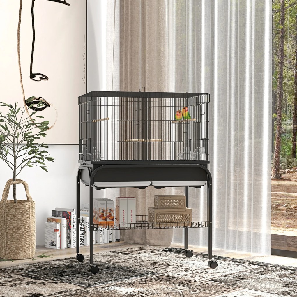 Gaiola grande para pássaros com rodas, ideal para cacatuas, periquitos, canários e papagaios – 85 x 49 x 119 cm, preta