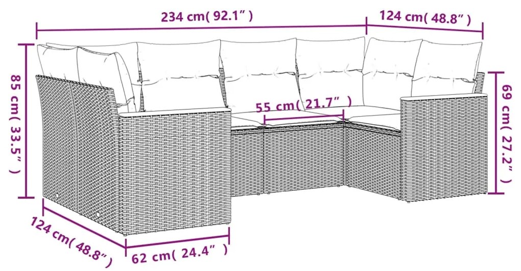 6 pcs conjunto de sofás p/ jardim com almofadões vime PE bege