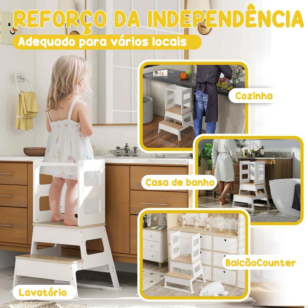Torre de Aprendizagem para Crianças dos 3-6 Anos com Quadro e Grade de Segurança para Cozinha e Casa de Banho 55x52,5x87,5 cm Branco