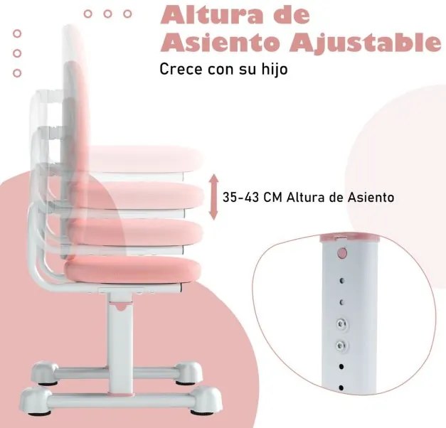 Cadeira de escritório para crianças com apoio duplo para as costas e altura ajustável estofada Rosa