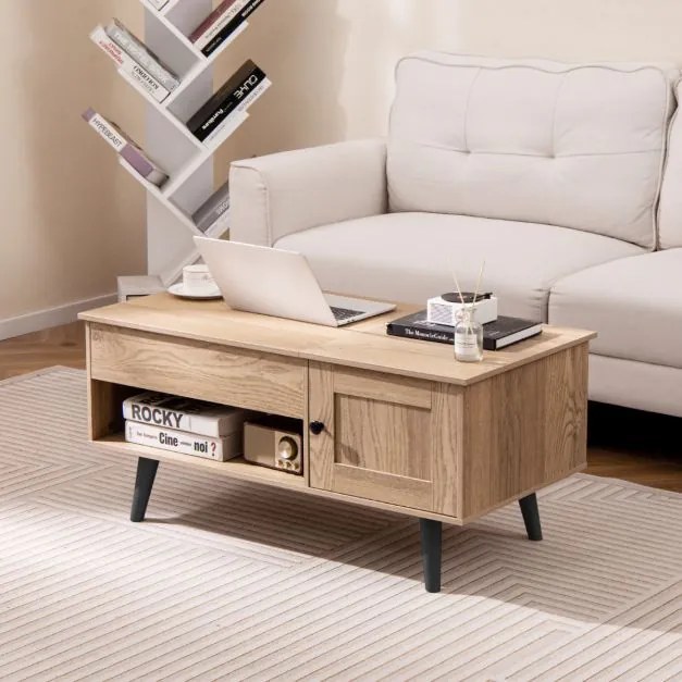 Mesa de centro 100 x 50 x 46 cm com tampo elevável e arrumação rebatível com compartimento oculto e estante para sala de estar natural