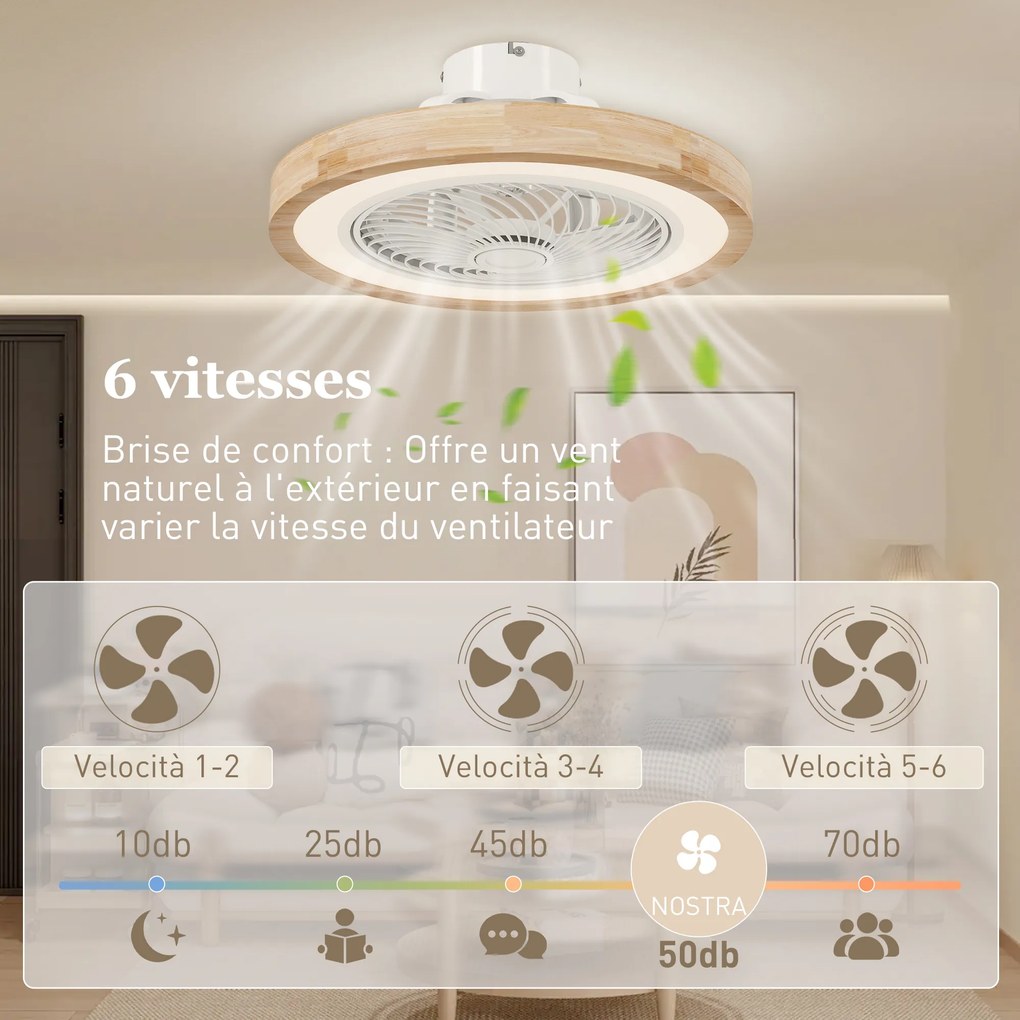 Ventilador de Teto com Luz, 50 x 50 x 22,5 cm, Motor DC Reversível, cor Madeira Natural