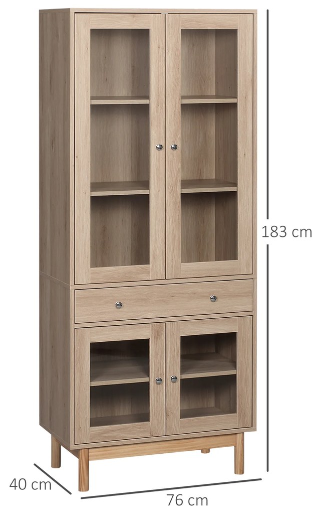 HOMCOM Armário de Cozinha Móvel Auxiliar de Cozinha com 1 Gaveta 4 Portas de Vidro Prateleiras Ajustáveis e Pés Elevados para Sala de Jantar Sala de Estar Anti-Tombamento 76x40x183cm Carvalho