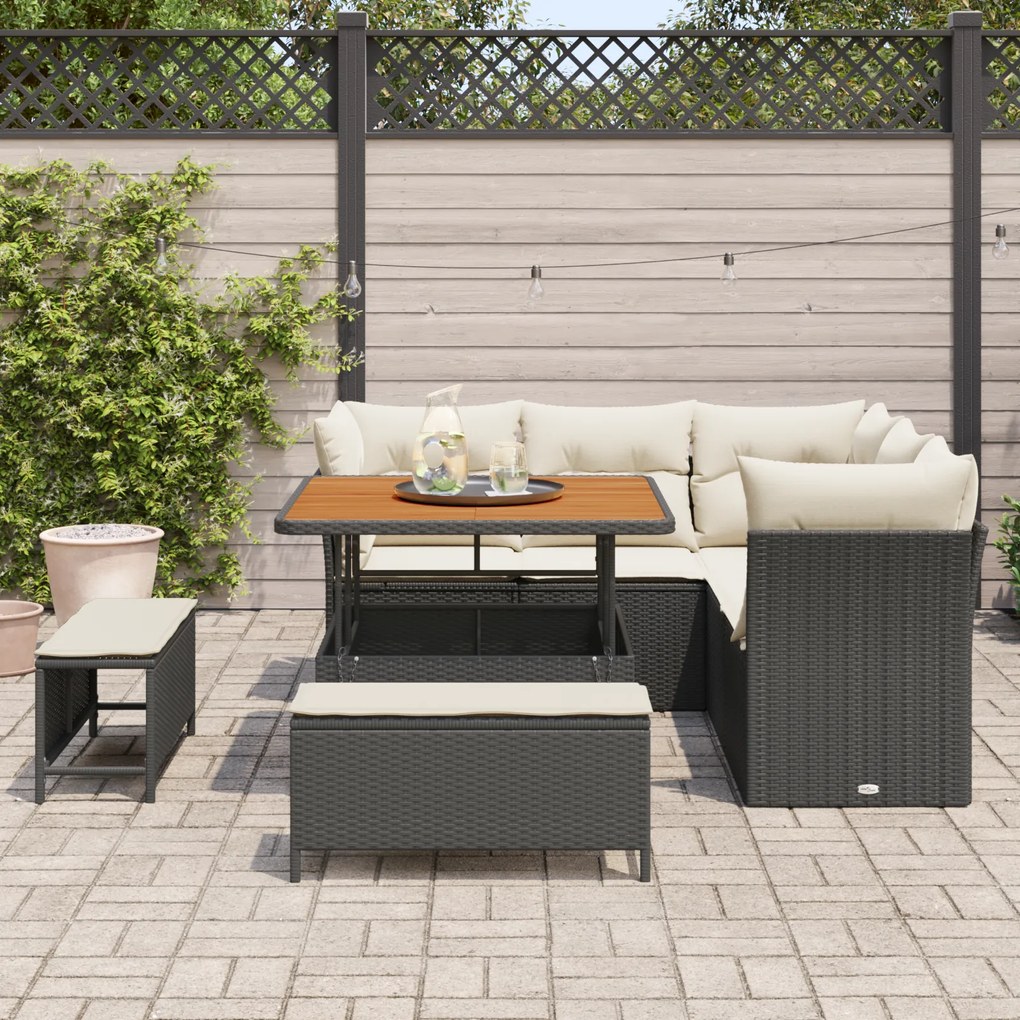 Conjunto de Sofá de Jardim de 8 Peças com Almofadas Pretas em Rattan P