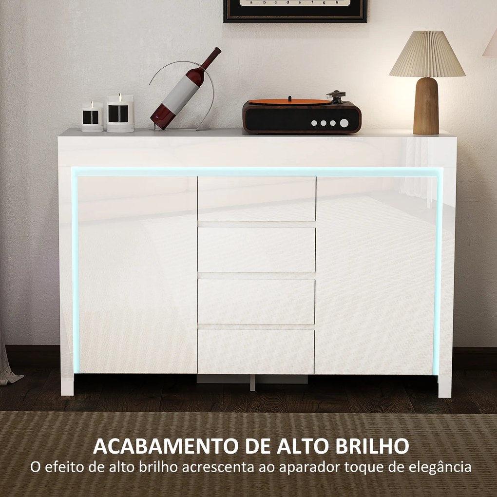 Aparador Sala de Estar com Luzes LED 4 Gavetas Prateleiras Ajustáveis e Controlo Remoto 120x34x80 cm Branco Brilhante