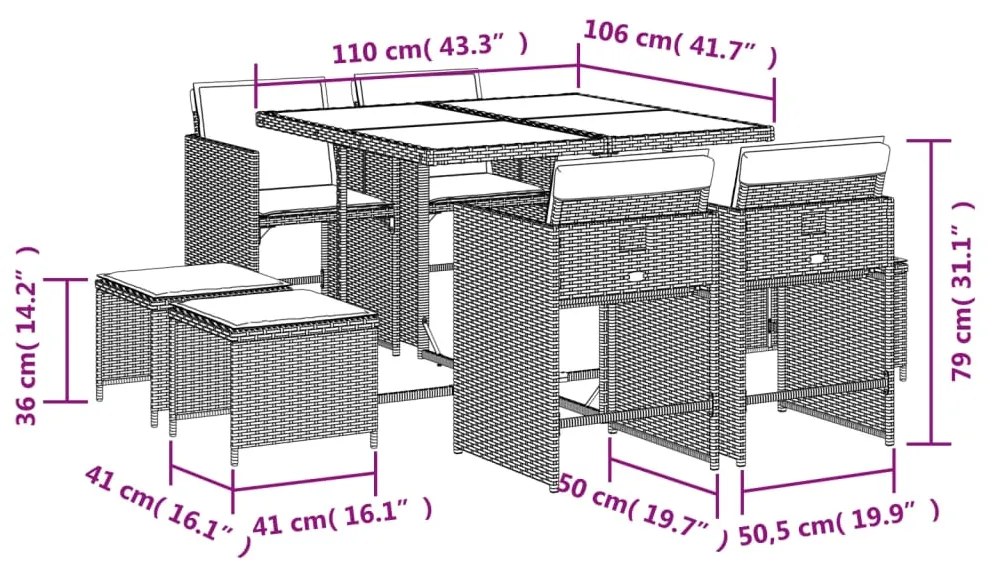 9 pcs conjunto de jantar p/ jardim c/ almofadões vime PE preto