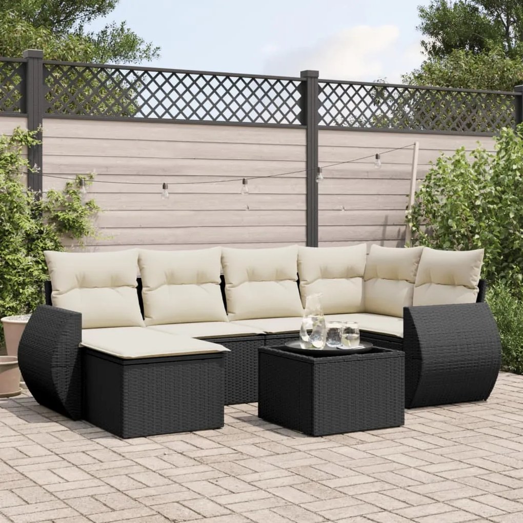 7 pcs conjunto de sofás p/ jardim c/ almofadões vime PE preto