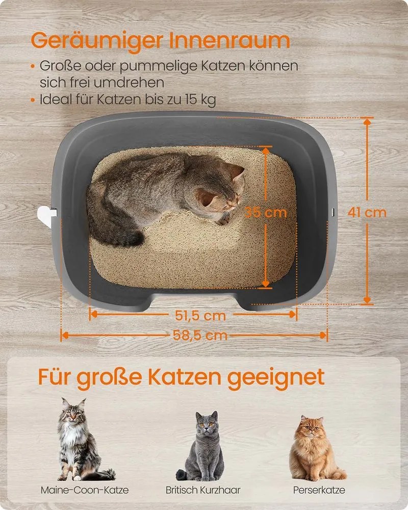 Caixa de areia Gatos grande com paredes laterais altas e pá em 64 x 76 x 33 cm cinza