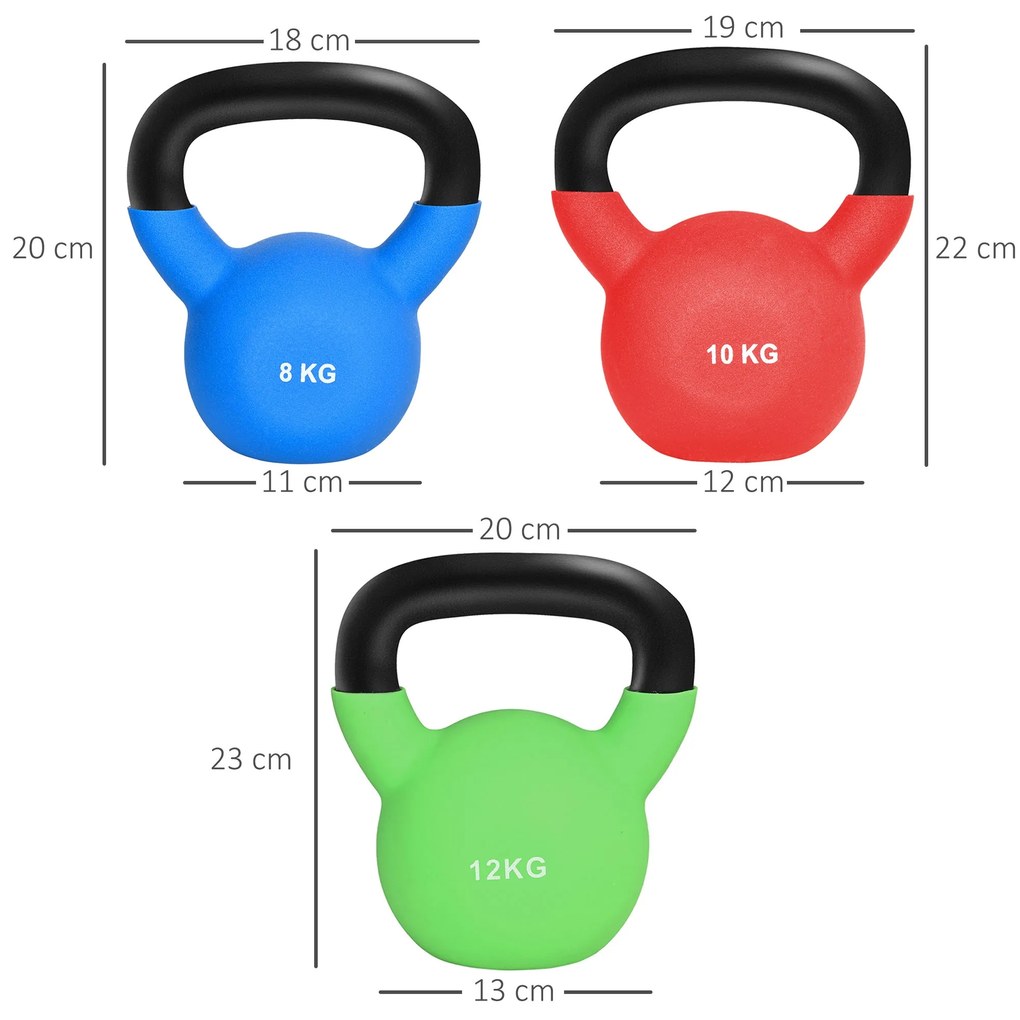 HOMCOM Conjunto de 3 Kettlebell de 12 kg 10 kg e 8 kg Kettlebell com R