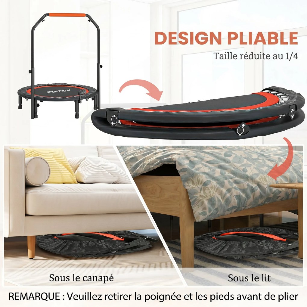 Trampolim de fitness e ginástica com pega ajustável, dobrável, 6 pés, 28 molas, Ø 102 cm, preto e vermelho