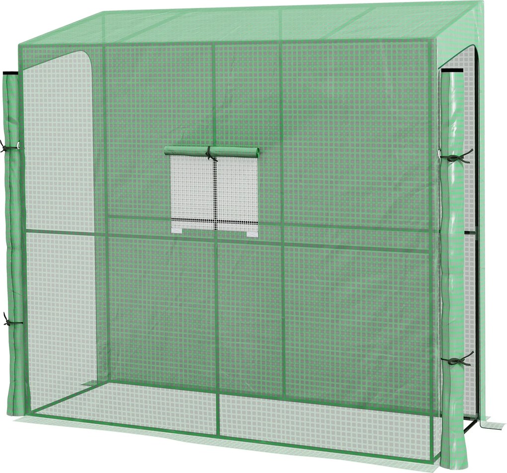 Estufa de jardim encostada à parede para cultivo de tomate 200 x 80 x 200/180 A cm, com 2 portas enroláveis com fecho de correr, 1 janela, verde