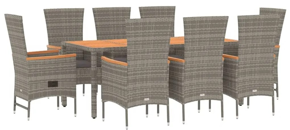 9 pcs conjunto de jantar p/ jardim c/ almofadões vime PE cinza
