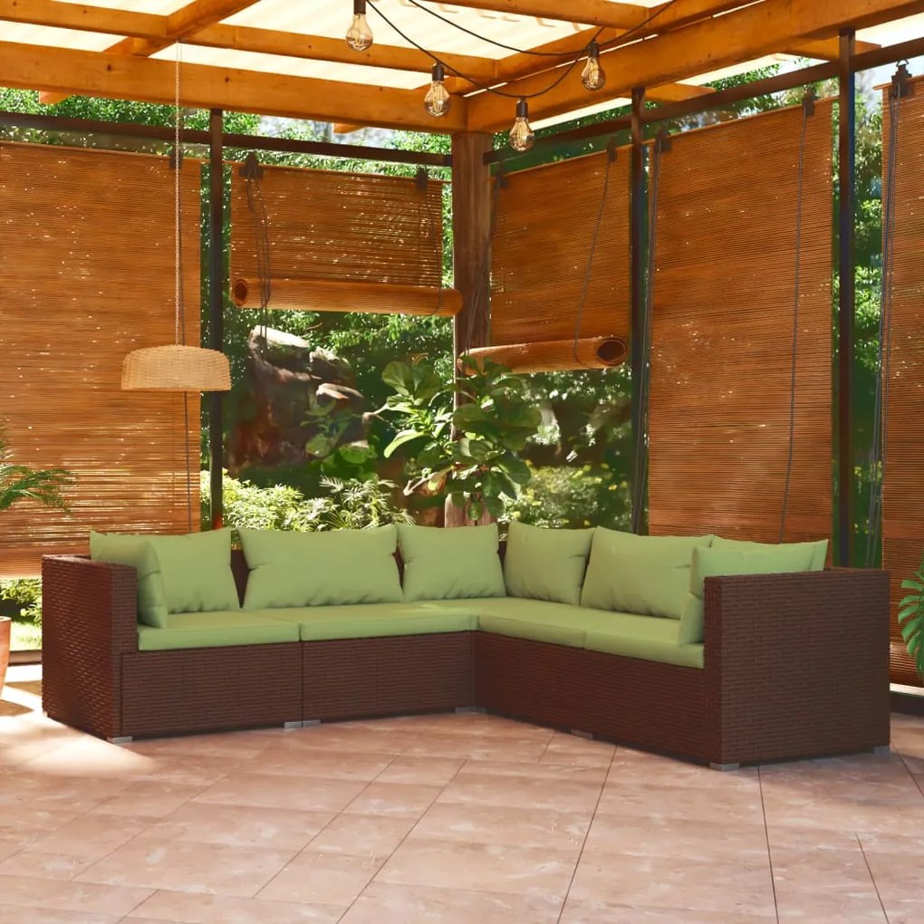 vidaXL 5 pcs conjunto lounge jardim c/ almofadões vime PE castanho