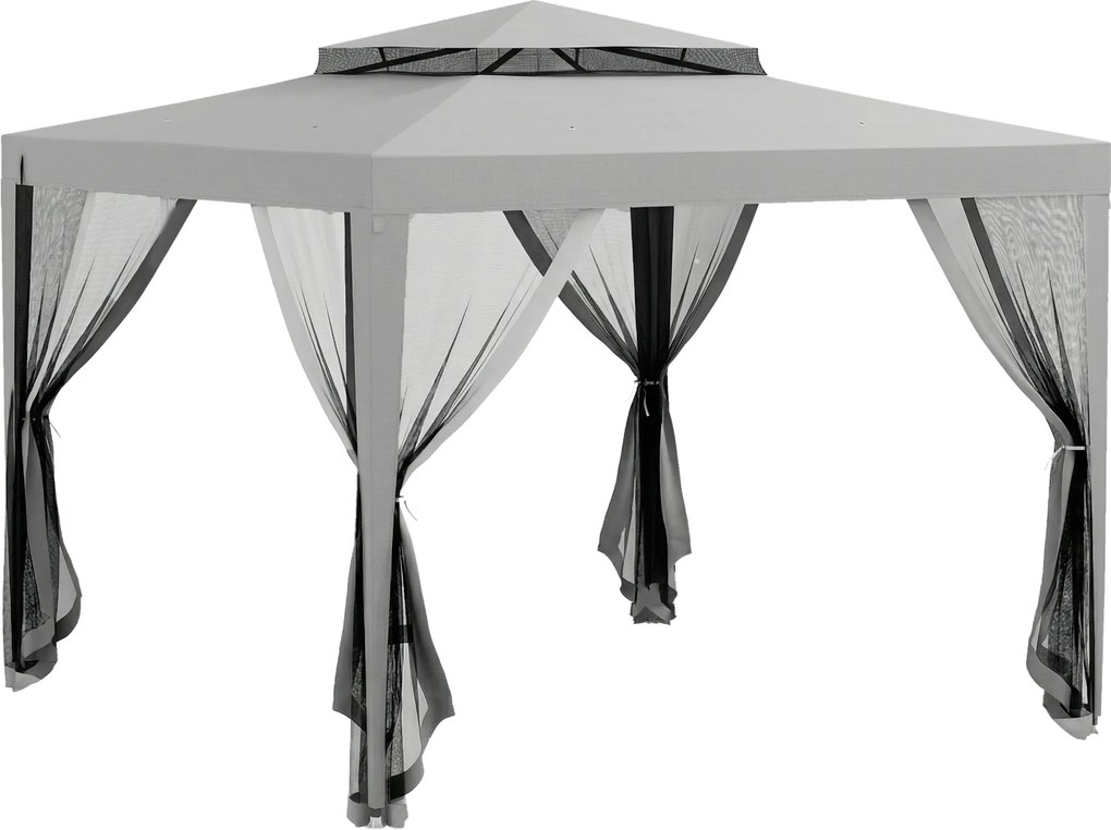 Outsunny Pérgola Jardim 297x297x268 cm Redes Mosquiteiras Laterais Drenagem Eficiente Estrutura Resistente Cinza | Aosom Portugal