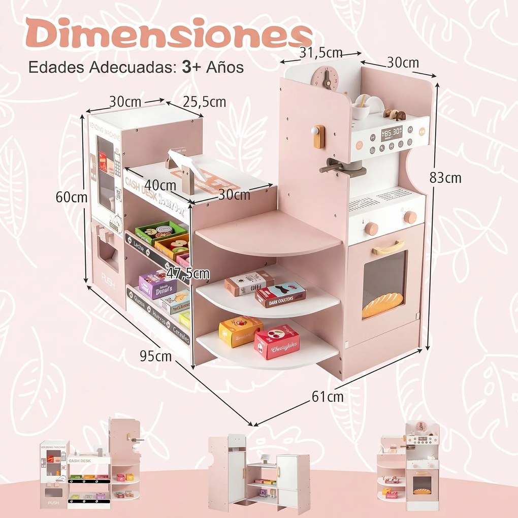 Supermercado de Brinquedo, 95 x 61 x 83 cm, Máquina de Venda Automática Interativa, Rosa