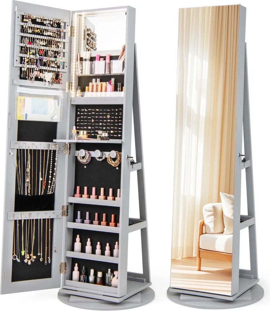 Armário giratório para joias 360° com espelho de corpo inteiro e luzes LED de 3 cores com fechadura Organizador de joias Cinzento