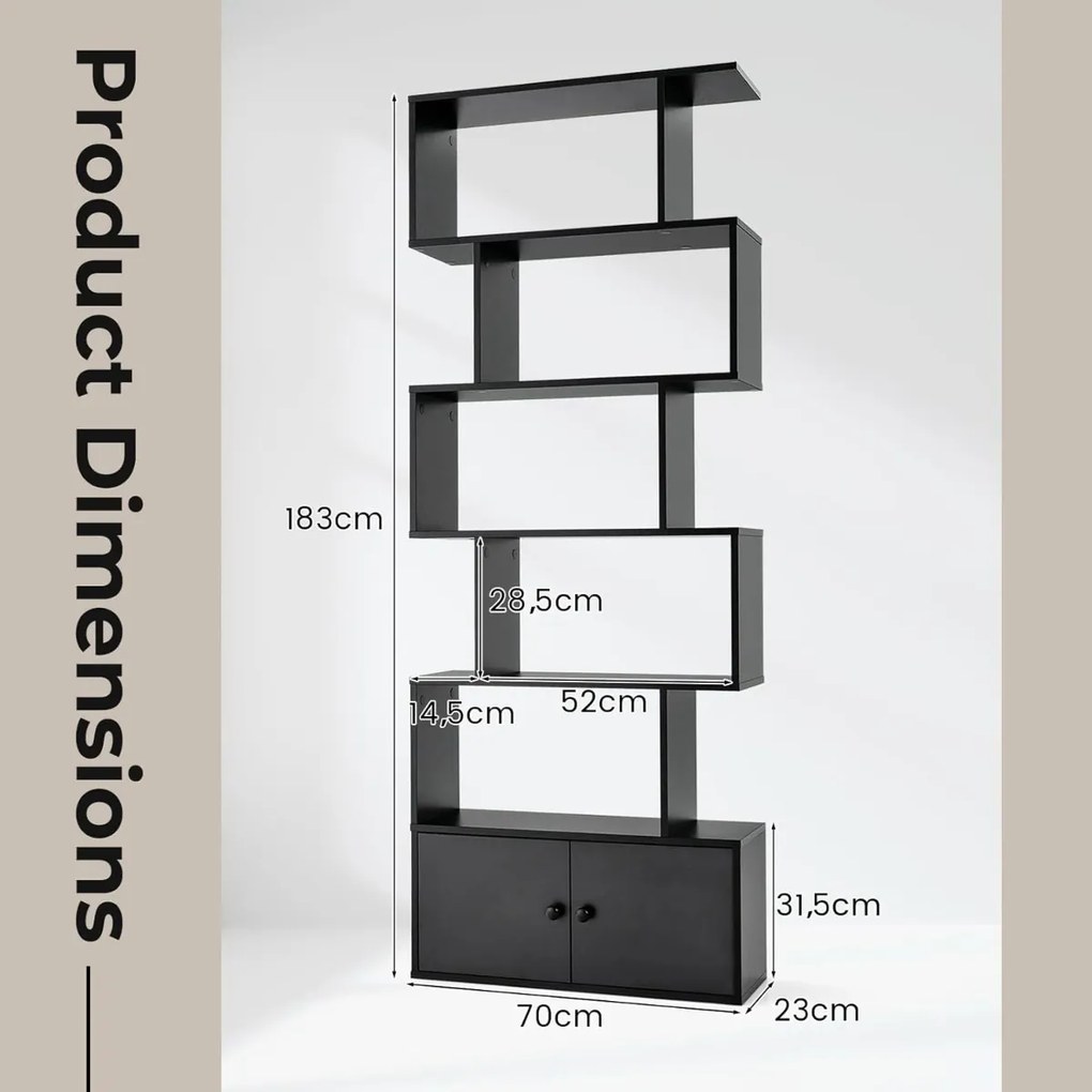 Estante em forma de S com 6 níveis e portas 70 cm x 23 cm x 183 cm Design moderno e versátil para organizar e decorar a sala, o quarto ou o escritório