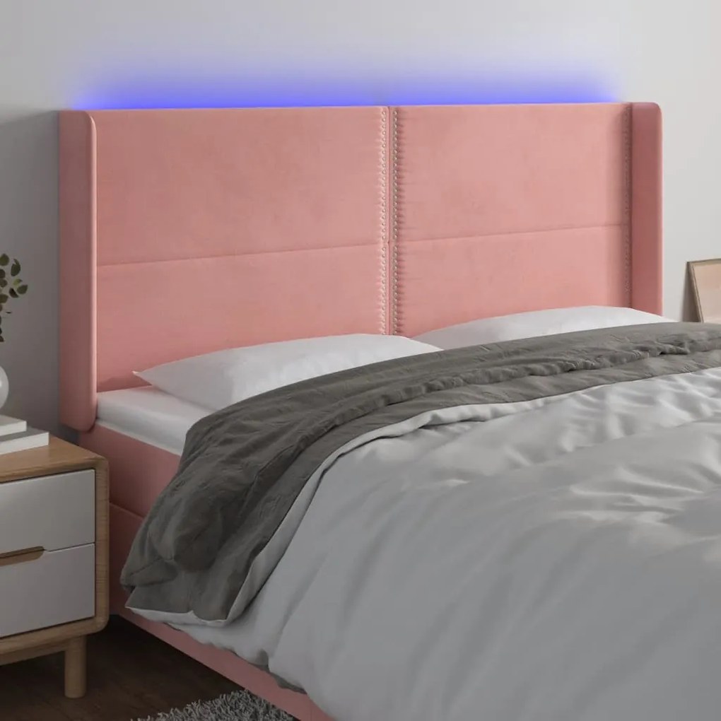 Cabeceira de cama c/ luzes LED veludo 163x16x118/128 cm rosa