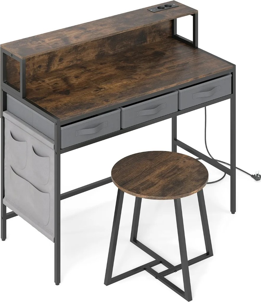 Secretária para computador 110 x 50 x 95,5 cm com tomadas elétricas com banco com suporte para monitor e Gavetas de tecido Castanho