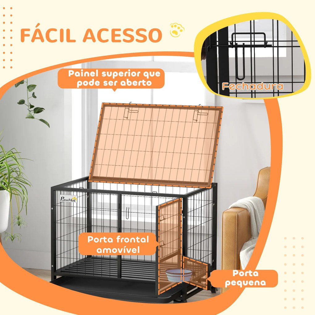 Gaiola para Cães com Parte Superior Rebatível Suporte de Tigelas Bandeja Amovível Rodas e Porta Dupla 92x62x73 cm Preto