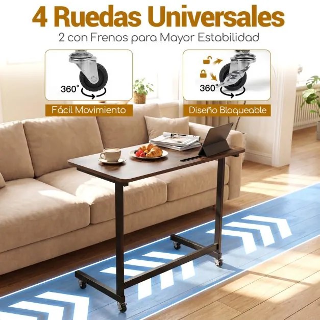 Mesa lateral apoio 80 x 40 x 75 cm com rodas em forma de C para sofá, quarto e sala, castanho rústico e preto