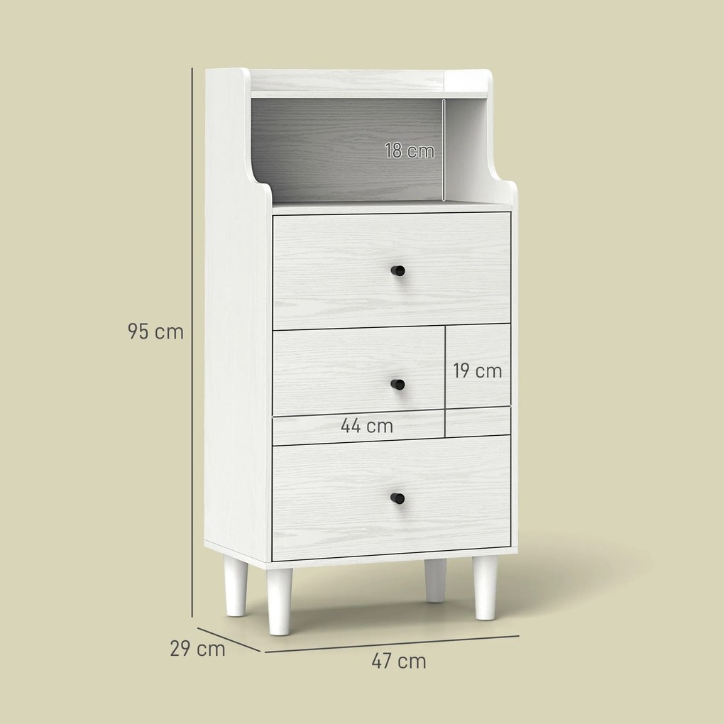 Cómoda com 3 Gavetas Cómoda de Quarto Estreita com Prateleiras Abertas Anti-Tombo Gaveteiro Alto 47x29x95 cm Branco